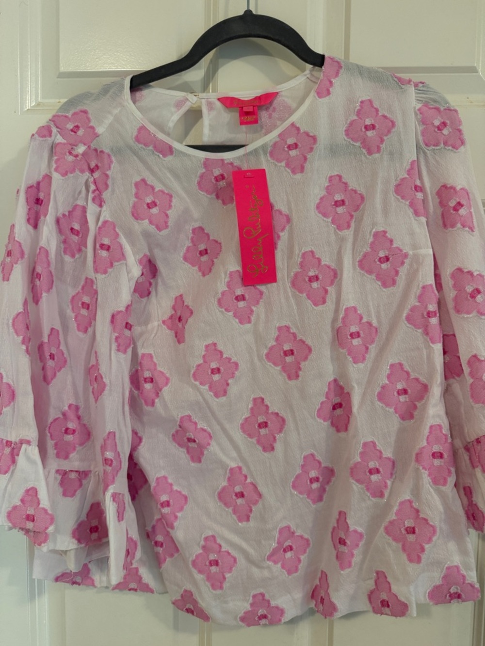 Lilly Pulitzer Francis Top  White Blouse with Pink Floral Appliqué
